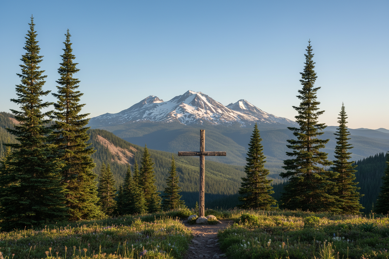 I would like an image of the Three Sisters Mountains in Oregon along with some fir trees and a small wooden cross
